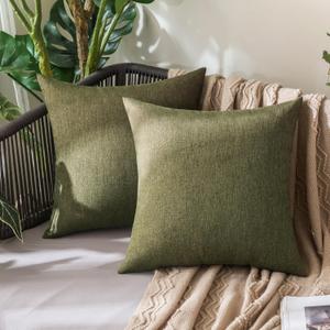 MIULEE Pack of 2 Decorative Outdoor Solid Waterproof Throw Pillow Covers Spring Faux Linen Garden Farmhouse Cushion Cases for Patio Tent Balcony Couch Sofa 18x18 Inch Olive Green