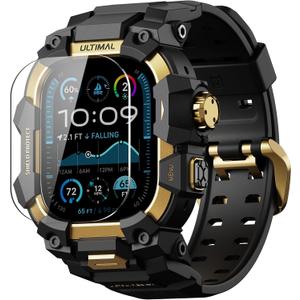 ULTIMAL Rugged Case with Band for Apple Watch 49mm,Compatible with Apple Watch Ultra/Ultra 2, Military Grade Shockproof Bumper Cover for iWatch Tactical Band Men (49mm,Gold)