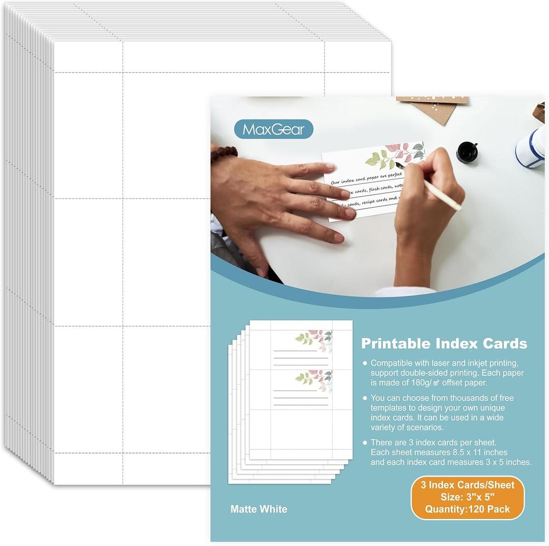 MaxGear Index Cards 120 Printable Index Cards, 3" x 5" Printable Blank Flash Cards Compatible with Laser & Inkjet Printer, Blank Note Cards, Double-sided Printing, White, 3 Cards/Sheet, 40 Sheets