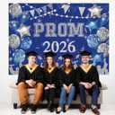 7x5ft Prom 2026 Photography Backdrop Blue and Silvery Glitter Balloons Flags Congrats Grad 2026 Prom Graduation Party Decorations Banner Suppies