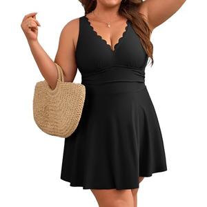 Charmo Women Plus Size Swimdress One Piece Swimsuit Ruched Tummy Control Bathing Suit Scalloped V Neck Flowy Swimwear 2X, Black 