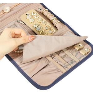Travel Jewelry Case Organizer, Foldable Storage Roll for Earrings, Necklaces, Rings, Bracelets, Brooches, Blue-Gray
