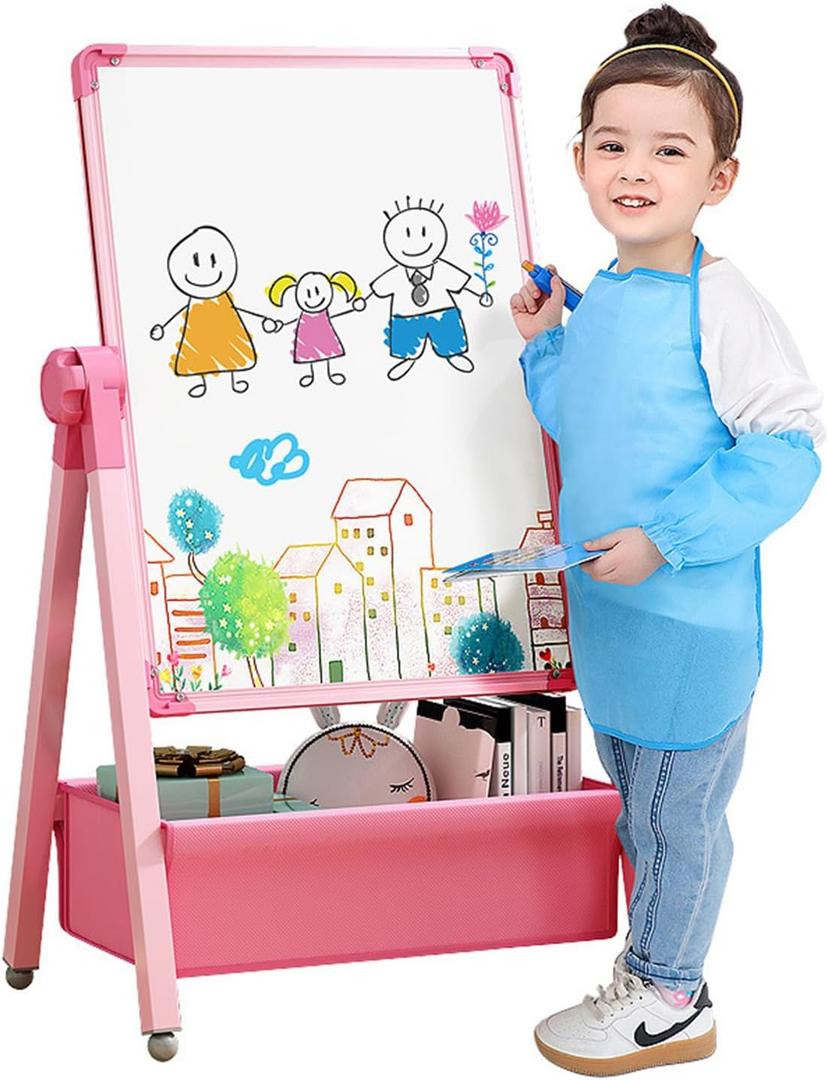 Art Easel for Kids, Double Sided Kids Easel Drawing Board, Whiteboard & Blackboard, 360Rotating Adjustable, Standing Erasable Easel Board, Easel for Classroom (Pink)