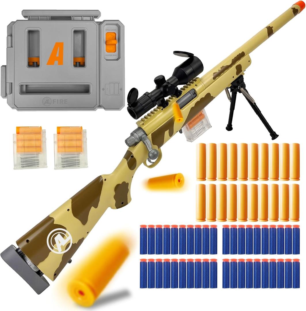AGM MASTECH M24 Foam Blaster, Shell Ejecting, Safety Switch, Adjustable Stock 41.8 Inch, Fast Dart Loader, Scope, 40 Darts, 20 Casings, 2 Mags, Tactical Gear for Teens 14+ Adults(Yellow), Medium