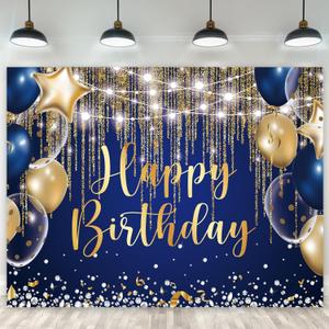Riyidecor Blue Gold Happy Birthday Backdrop Royal Navy Balloon Golden Dot Diamond Sparkle 8Wx6H Feet Polyester Fabric Cool Bday Photography Background Men Boys Table Decor Banner Studio Photo Shoot