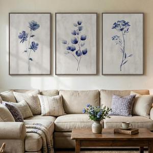 Framed Boho Floral Wall Art for Living Room, 3 Piece Blue Minimalist Botanical Canvas Painting Prints, Modern Rustic Watercolor Flower Plants Artwork for Bedroom Dining Room Office Wall decor, 24x36, 24" W x 36" H x 3Pcs