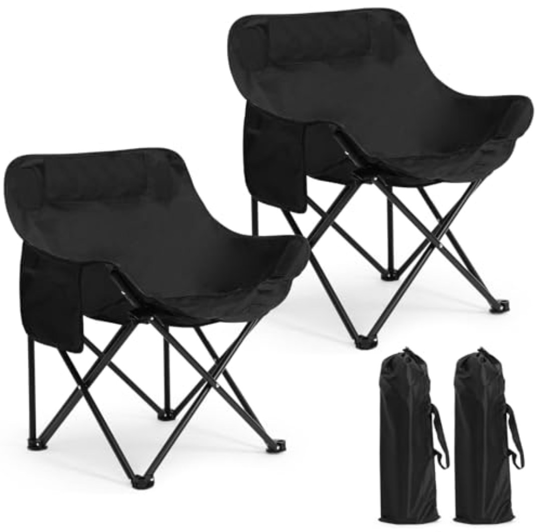 Seeloowy 2 Pack Compact Camping Chairs Portable Folding for Outside with Carry Bag Lightweight Moon Chairs for Travel Picnic Hiking Beach Fishing, 600D Oxford, Supports 330lbs(Black)