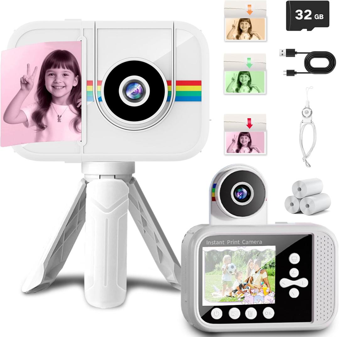 Kids Camera Instant Print,Kids Digital Camera with 3 Color Print Paper,32GB & Mini Tripod,48MP & 1080P Video Christmas Birthday Gifts for Girls and Boys Age 3-12 (White)