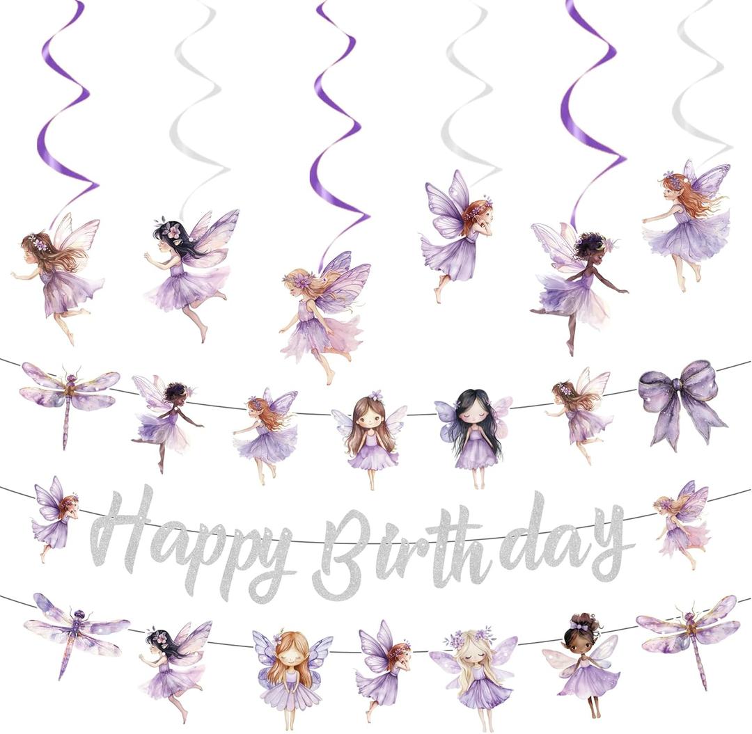 Fairy Theme Birthday Party Decorations - 1pcs Glittery Silver Fairies Happy Birthday Banner, 2pcs Purple Fairy Banner Bunting Garlands, 6pcs Fairies Themed Hanging Swirls (6 styles)