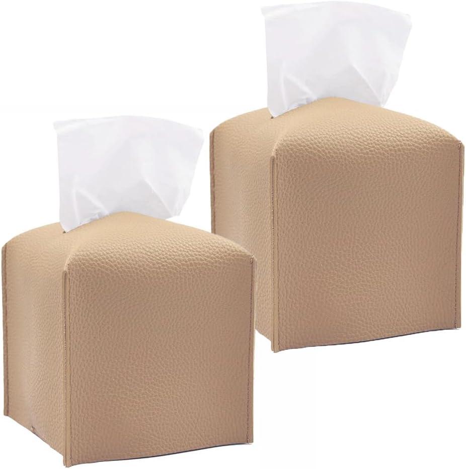 4 x HOMOTEK 2 Pack Tissue Box Cover, Square PU Leather Tissue Holder, Decorative Facial Tissue Cube Paper Organizer Dispenser for Bathroom, Night Stands, Desk, Car 5X5X5'' - Beige, Pebble Grain