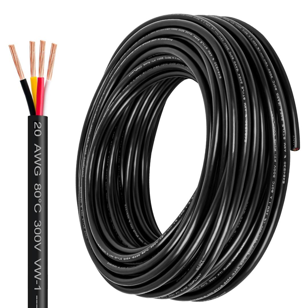 20 Gauge Wire 4 Conductor,20 AWG Electrical Wire Stranded PVC Cord Oxygen-Free Copper Cable,100FT 4 Core Pure Copper Flexible Cable Wire for LED Lamp Lighting Strips Automotive (20AWG-4C, 100FT)