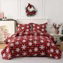 JSD Christmas Quilt Set King Size, Red Buffalo Plaid Snowflakes Bedspreads, 3 Piece Microfiber Coverlet Quilted Blanket with Pillow Shams
