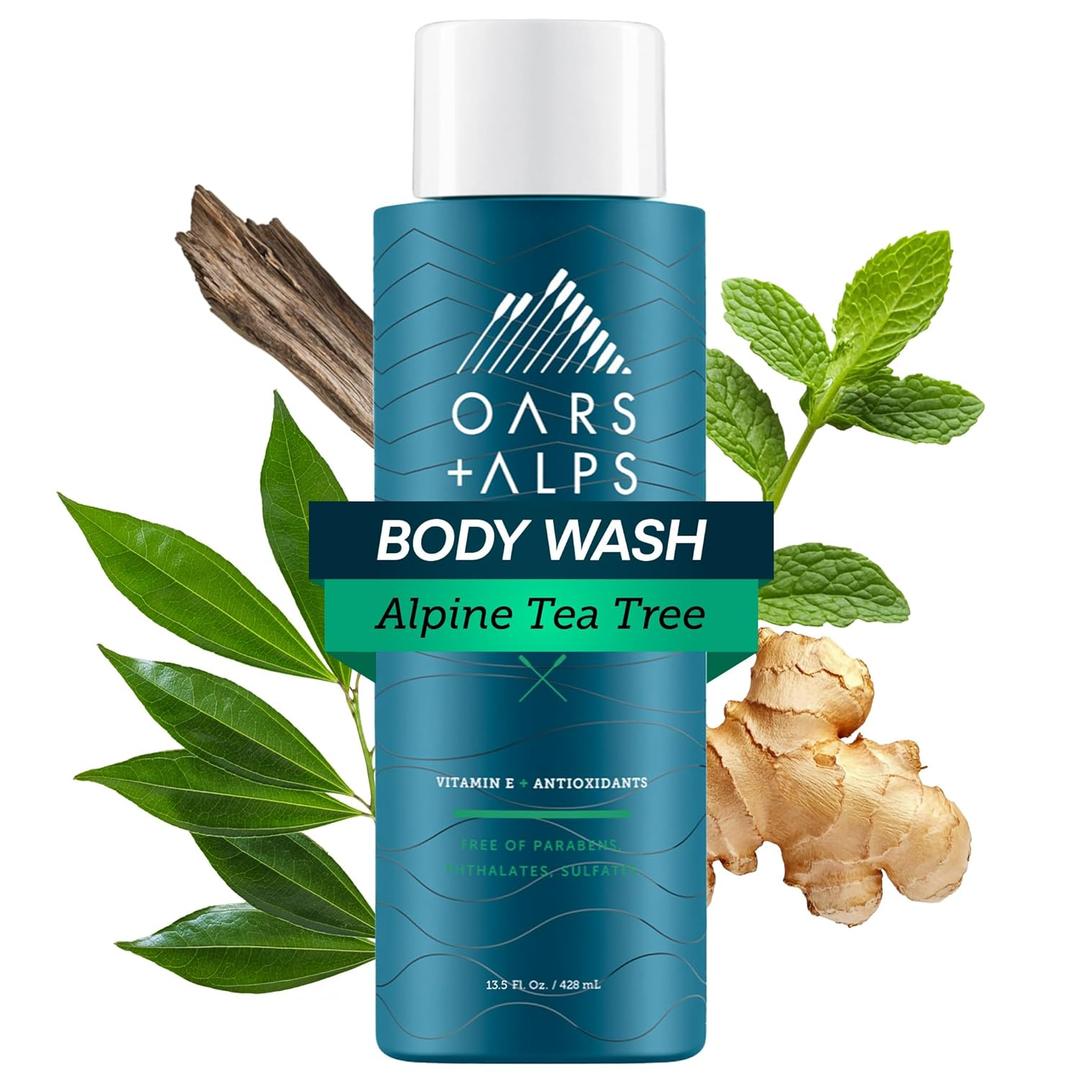 Oars + Alps Body Wash for Men, Mens Body Wash & Face Cleanser with Vitamin E & Antioxidants, Moisturizing, Paraben & Sulfate Free Cleanser, Alpine Tea Tree, 1pk