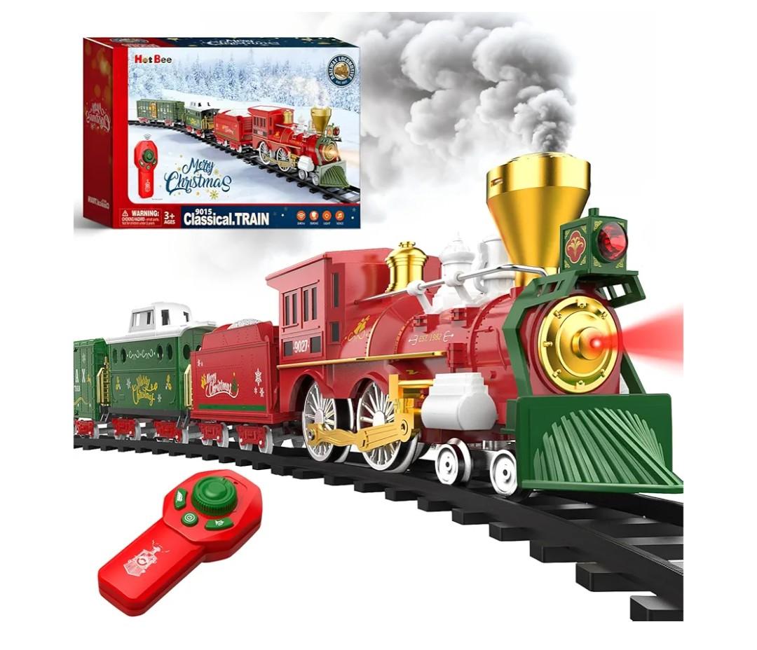 Hot Bee Christmas Train Set with Remote Control Train Toys w/Smoke, Lights & Sound, Christmas Train Sets for Around The Tree, Toy Train for Kids Train Set for 3 4 5 6 7+ Years Old Boys Gifts