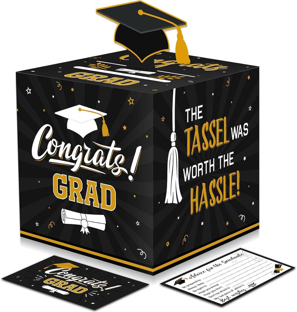 Funrous Large 2025 Black and Gold Graduation Card Box with 30 Pcs Advice Card Gift Money Box Congrats Grad 3D Cap Top Holder Class of 2025 Party Decorations College Graduation Supplies