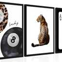 Framed Trendy Leopard Wall Art Set of 3, Funky Preppy Cheetah Wall Decor Paintings, Fashion Lucky 8 Posters Prints Pictures for Living Room Bedroom Dorm 12x16 Inch Black Wood Frame