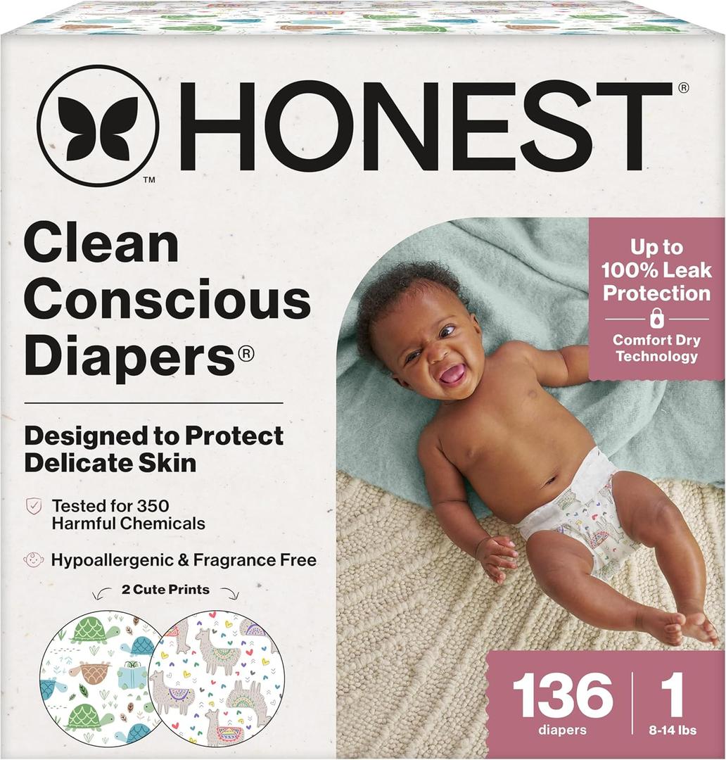 The Honest Company Comfort Dry Disposable Diapers for Sensitive Skin, Hypoallergenic, All The Alpacas + Turtle Time, Super Club Box Size 1 (8–14 lbs), 136 Count