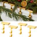2 in 1 4 Pack Christmas Stocking Holders for Mantle, Heavy Duty Weighted Metal Hanger with Non-Slip Base Xmas Ornament for Garland Hook Fireplace, Shelf, Tabletop, Counter, Window Decor (Gold)