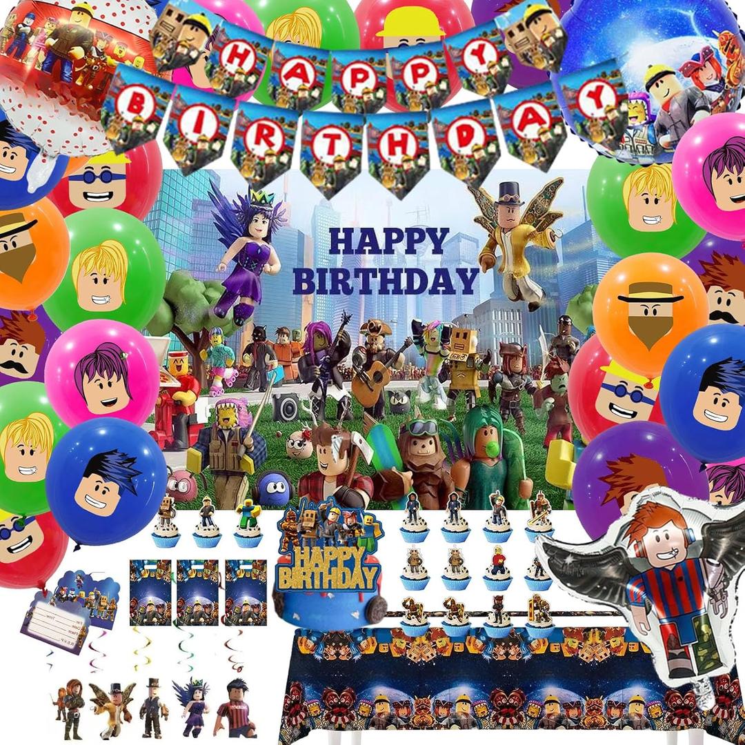 Birthday Decorations Party Supplies Party Decoration with Happy Birthday Banner, Backdrop, Hanging Swirls, Tablecloth, Cupcake Cake Toppers, Balloons,gift bags,invita card, Complete Party Supplies Set