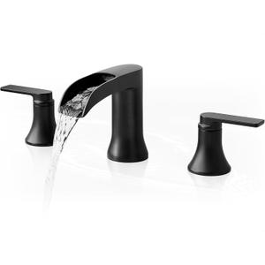Black Bathroom Faucet 3 Hole, Brass Bathroom Waterfall Faucet 2 Handle, 4-16 Inch Widespread Bathroom Sink Faucets, Restroom Sink Faucet for Vanity with Supply Hoses, NO Equipped Pop-up Drain (Matte Black and Gold - Elegant)