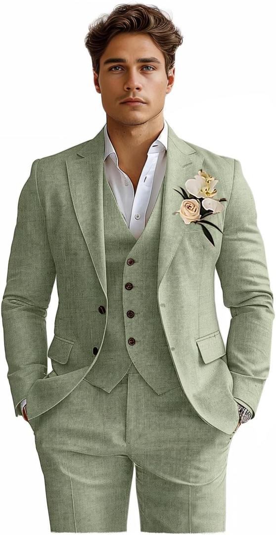 Linen Mens Suits 3 Piece Slim Fit Tuxedo Suit for Men Beach Wedding Formal Business Suit Groom Prom Set Outfits (Sage Green), XS