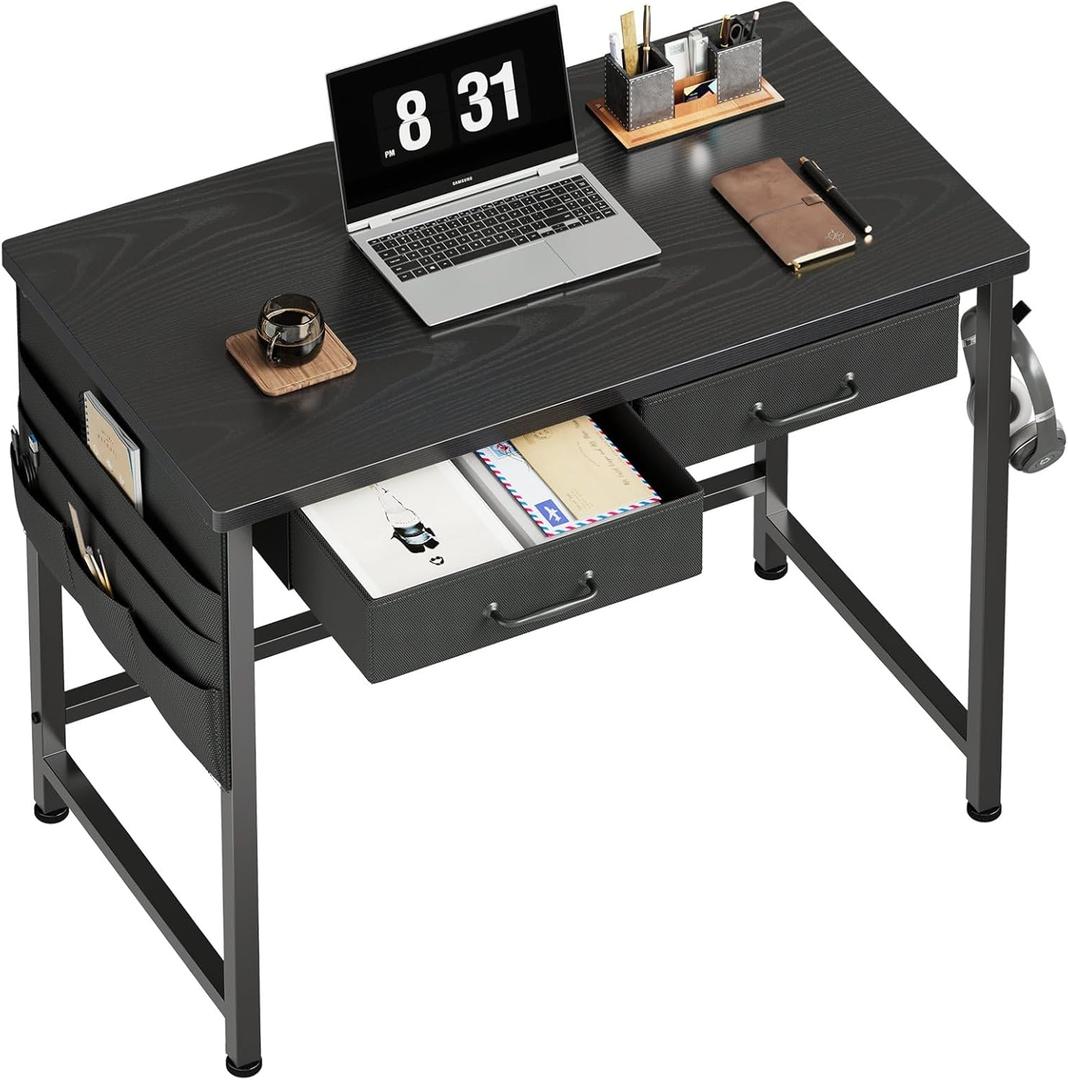 Maihail Small Desk with Drawers, 31.5 inch Computer Desk with Drawers, Small Office Table with Metal Frame, Black