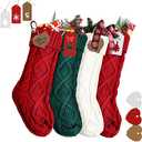 RFAQK 18 Inches Large Christmas Stockings 3 Pack - Burgundy Red, Ivory White, Green - Stretchable Knitted Xmas Stockings with 50Pcs Personalizeable Gift Tags for Family Holiday Christmas Décor
