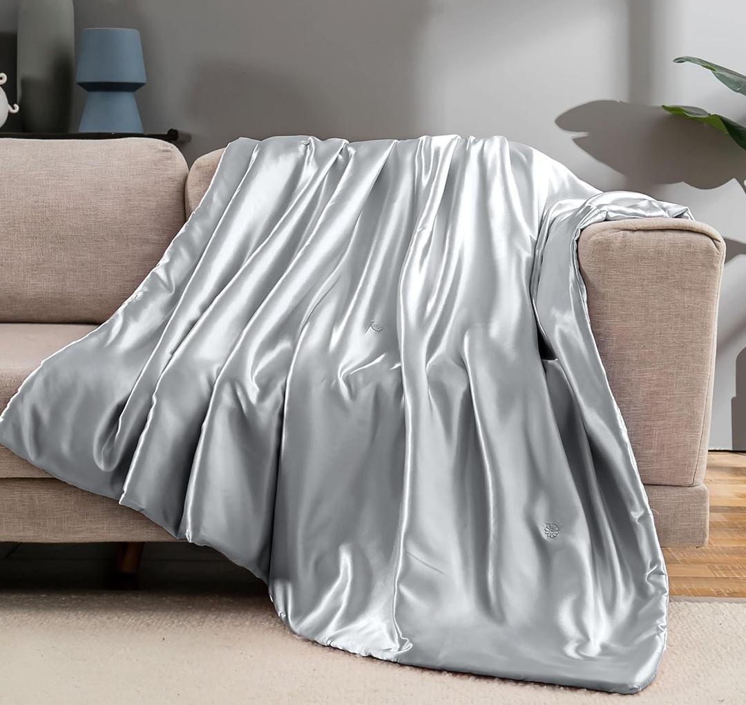 Vonty Satin Throw - Silver Grey Satin Blanket, 60x80 Inches, Cooling & Silky, Wrinkle-Free, Cable Knit for Couch, Sofa, Bed, Outdoor