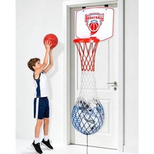 Basketball Hoop Over the Door Basketball Laundry Hamper for 4-14 Year Old Boys, Room Decor and Fun Organizer Toy with Ball, Red