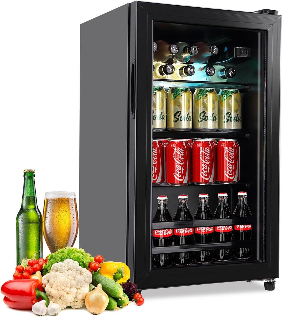 FLB-60 Refrigerator Cooler-120 Can Freestanding Beverage Cooler with Glass Door-Small Drink Dispenser Machine for Office or Bar with Adjustable Removable Shelves, Black