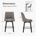 24" Counter Height Bar Stools Set of 2, Swivel Bar Stools with Backs, Fabric Upholstered Counter Barstools with Solid Wood Legs for Kitchen Island,Grey