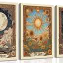 3Pcs Tarot Canvas Wall Art Boho Flower Mystical Astrology Painting Vintage Sun And Moon Celestial Botanical Posters Print for bedroom living room meditation space Decorations Direct Suspension