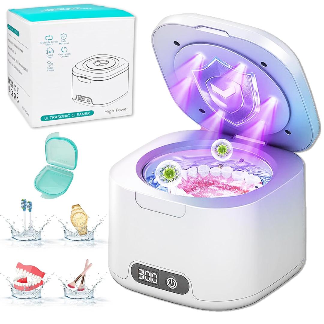 Ultrasonic Retainer Cleaner Machine Retainer Cleaner For Dentures 6 Uv-C Lamps Suitable For Cleaning Jewelry, Watches, Toothbrushes, And Makeup Brushes 49khz Low Decibel Work (White)