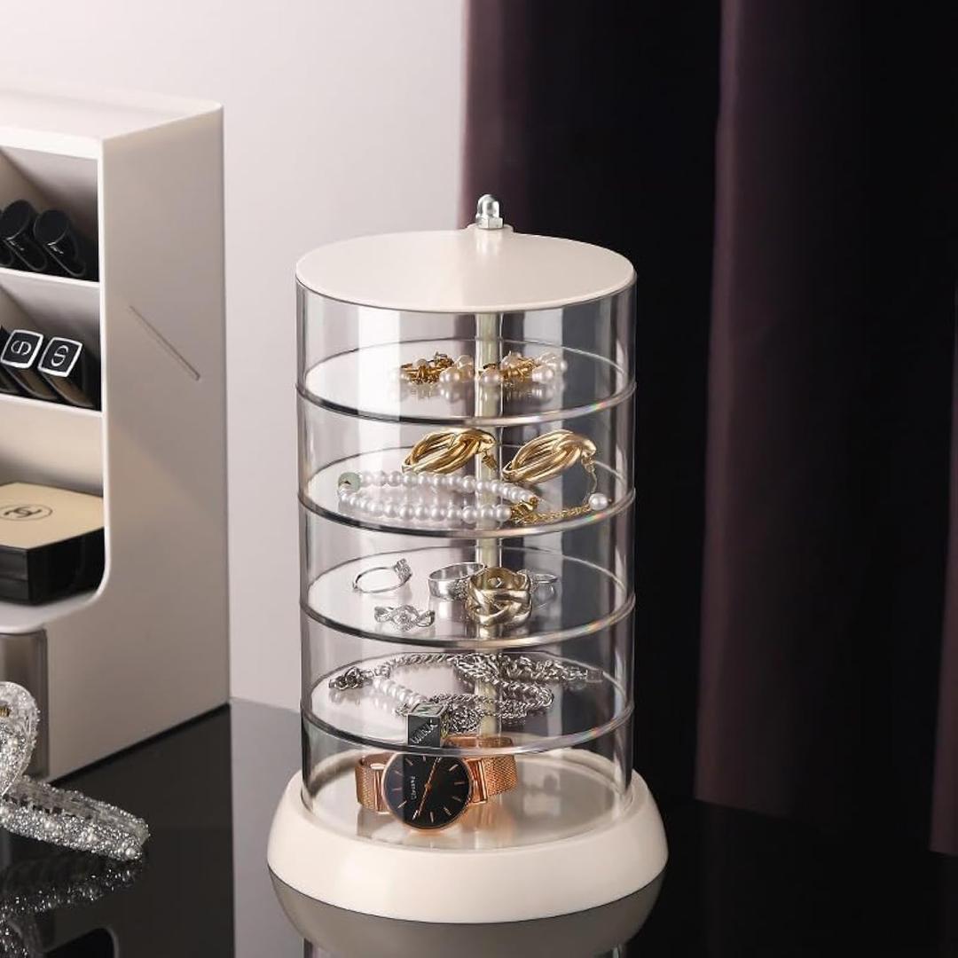 360 Rotating Hair Accessories Organizer, Clear 5-Layers Acrylic Jewelry Box, Bathroom Containers for Headband, Bows, Hair Tie, Cotton Swab Organization for Preppy Women