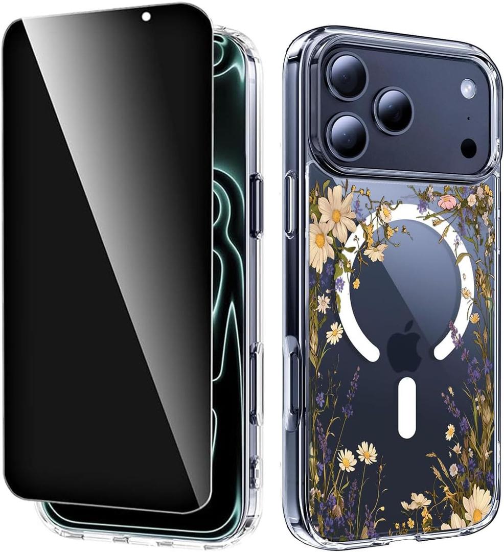 for iPhone 17 Pro Max Women Flowers Floral Case with Privacy Screen Protector,Compatible with MagSafe Slim Magnetic Shockproof Phone Case for iPhone 17 ProMax Girly Flower Cover Design (Clear)