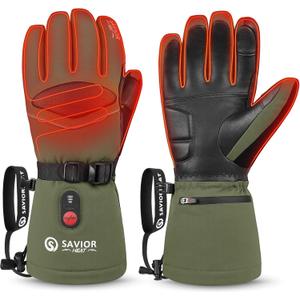 SAVIOR HEAT Heated Gloves for Men Heated Ski Gloves 10h Warm 7.4V 3000mAh Battery Thick Lining Waterproof Goatskin Palm Anti Loss Lanyard Outdoor Skiing Snowboarding for Winter (Large, green)