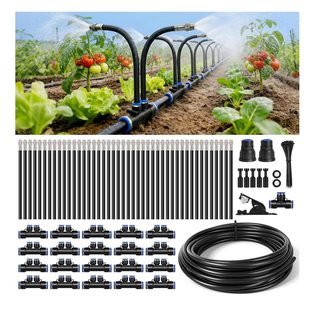 75Ft 1/2" Tubing High-Flow Drip Irrigation System, 360 Adjustable Garden Watering System with 40 Nozzles, Dual-Side Watering Kit for Raised Beds, Greenhouses & Efficient Plant Irrigation
