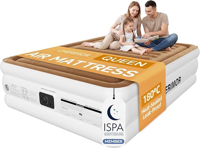 CHERIMOR Queen Air Mattress with Built in Pump, 48Hr Leak-Tested, 800 lb | 18" Raised Comfort, 180°C Heat-Sealing Leak-Resistant, Anti-Sag Horizontal Beams, 3-Min Inflation for Home Guests & Camping