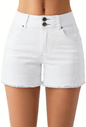 roswear Women's High Waisted Stretchy Frayed Hem Summer Denim Jean Shorts Large, White 
