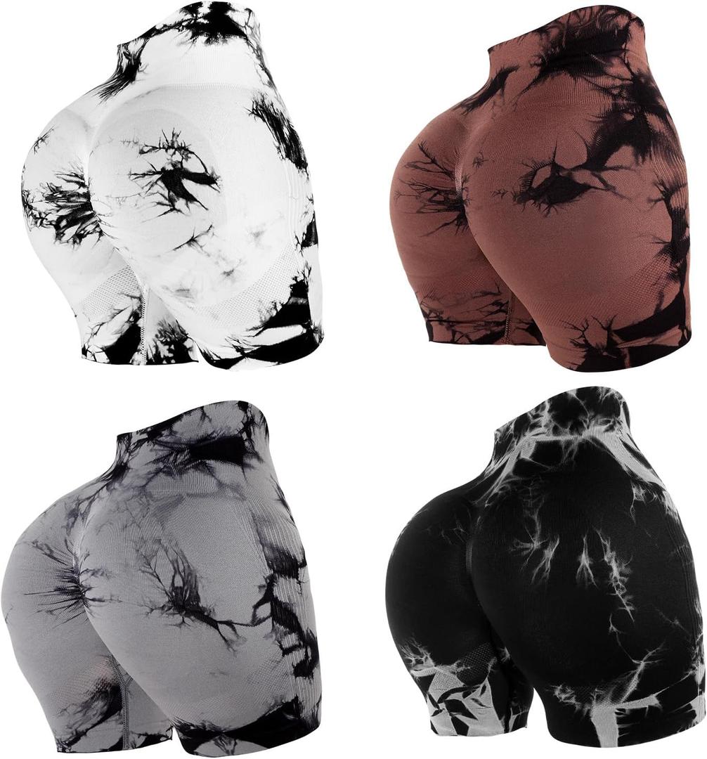 4 Piece Women Workout Shorts Tie Dye High Waist Butt Lifting Shorts Tight Women Workout Gym Yoga Sports Shorts (Black, XXL)