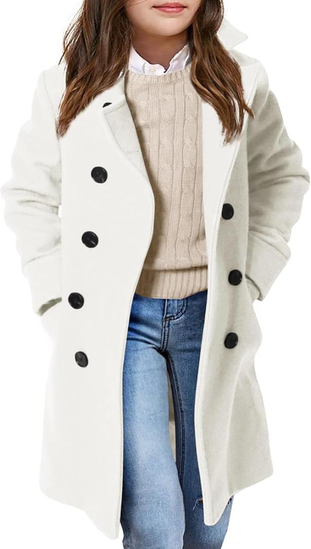 Girls Coat Double Breasted Notched Collar Wool Blend Long Trench Coat Winter Warm Peacoat Dress Coat with Pockets (9-10 Years, White)