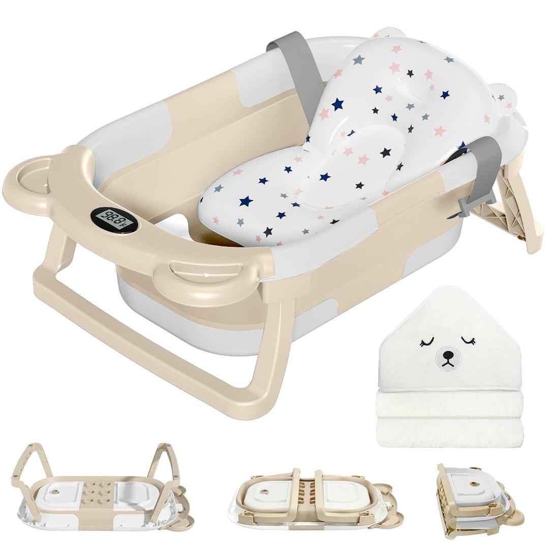 MoreFeel Collapsible Baby Bathtub for Newborn with Thermometer & 1 Hooded Towel & 1 Soft Floating Cushion,Portable Travel Bathtub with Drain Hole, Durable Foldable Baby Tubs for Infants to Toddler