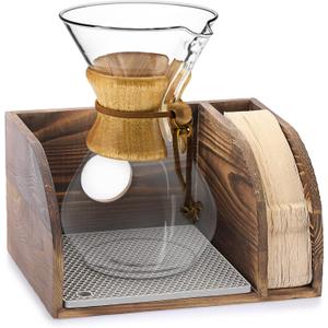 ELLDOO Vintage Wood Coffee Organizer Stand, Compatible with Chemex Coffee Makers, Holds Coffee Maker and Coffee Paper Filters, Fits Collar and Handle Carafes, with Grey Silicone Dripper Mat