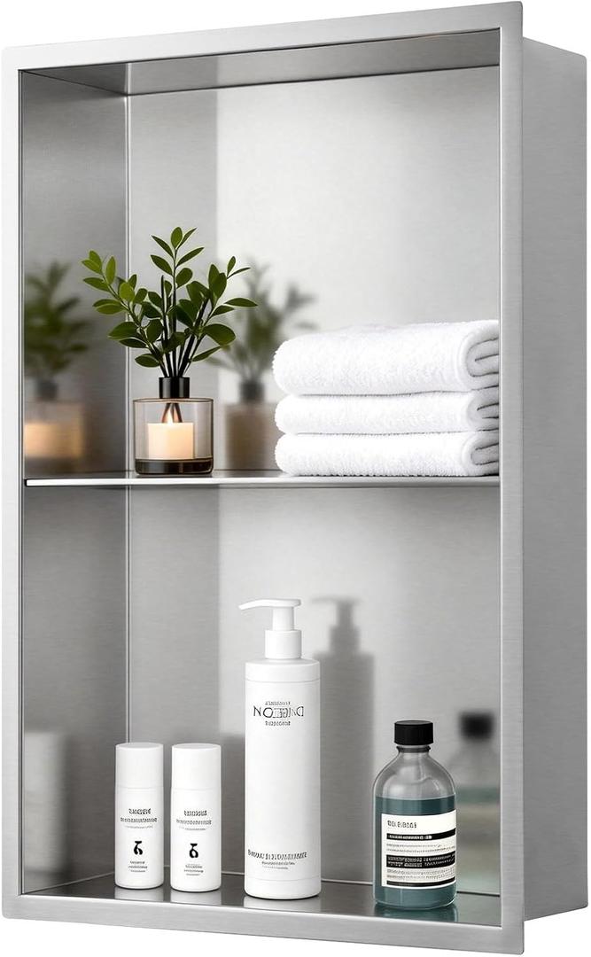 14x20 Inch Brushed Nickel Shower Niche, No Tile Needed Stainless Steel Recessed Bathroom Wall Niche with Double Shelves for Shower Storage