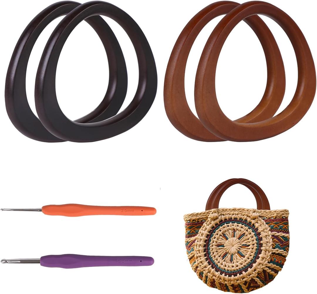 Hilltian 4+2 PCS D Shape Purse Handles with Crochet Hooks, Wooden Bag Handles for Handmade Crochet Bag, Purse Making Supplies, 2 Colors