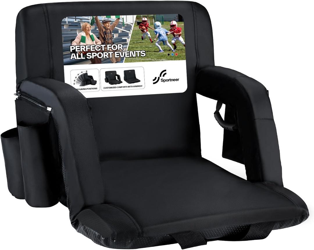 Sportneer Stadium Seats with Back Support: 2.5'' Thick Comfy Cushion 6 Adjustable Angle Bleacher Seat with Armrest - 2 Large Pockets, 2 Cup Holders Stadium Chair for Sport Events Concerts Parks, Non-Heated, Regular - 20.5"
