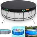 HIGHTQURO 15Ft Round Pool Cover,Heavy Duty Waterproof Round Pool Covers for Above Ground Pools with Ground Nails and Windproof Ropes,Increase Stability&Tear-Resistant, Waterproof and Dustproof, Black