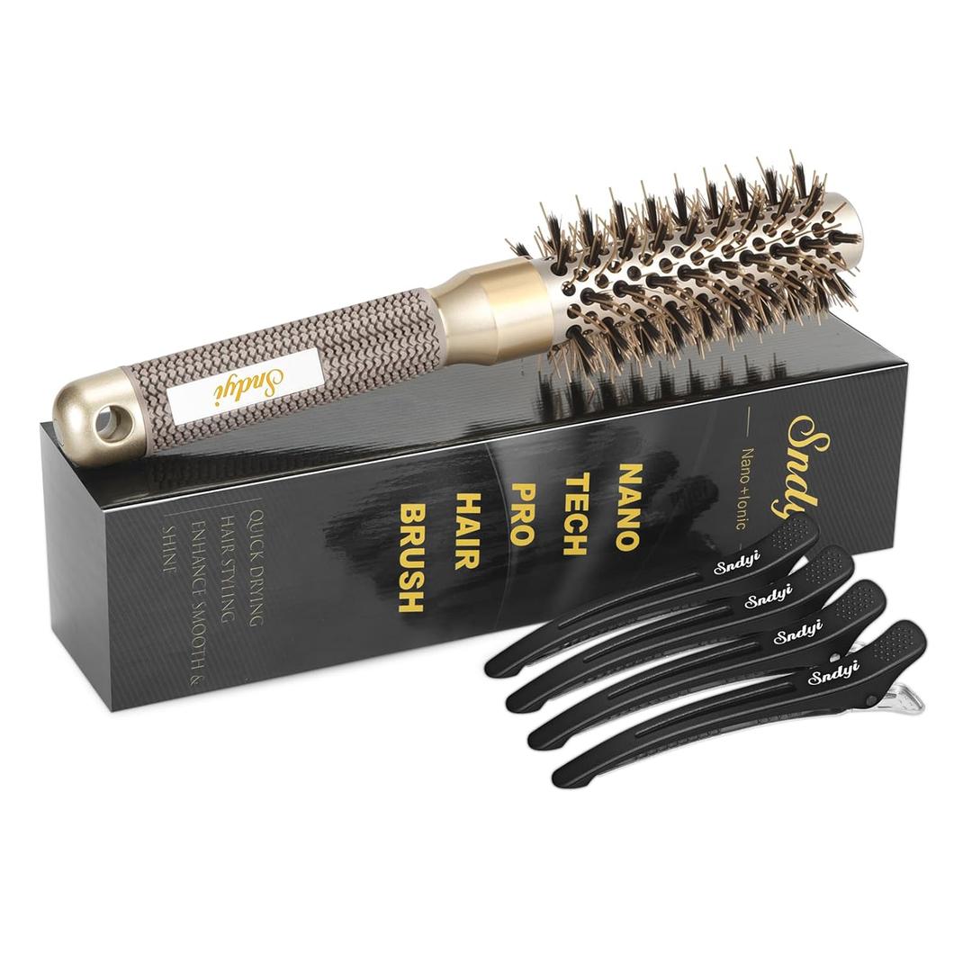 Sndyi Small Round Brush for Blow Out, Nano Thermal Ceramic Ionic Round Hair Brush with Boar Bristles, Boost Shine & Volume, For Short Hair with Quick Blow Drying & Salon Styling -2 Inch, Barrel 1 Inch