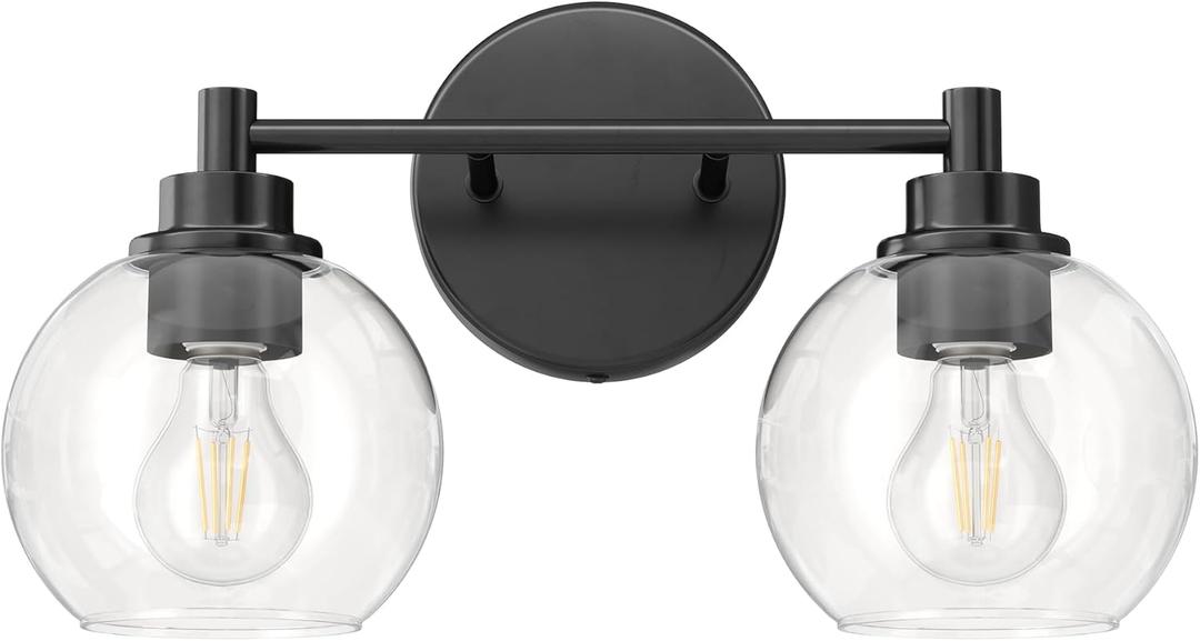 VONLUCE Bathroom Light Fixtures, 2-Light Bathroom Vanity Light with Globe Glass Shades E26 Sockets, Vanity Lights for Bedroom Hallway Living Room, Black Finish