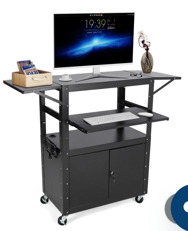 GARVEE 46'' x 19'' Height Adjustable Rolling AV Cart with Locking Cabinet, Laptop Stand, Drop Leaves, Mobile Utility Workstation for Office and Classroom, Extra Storage Space and Power Strip, Black